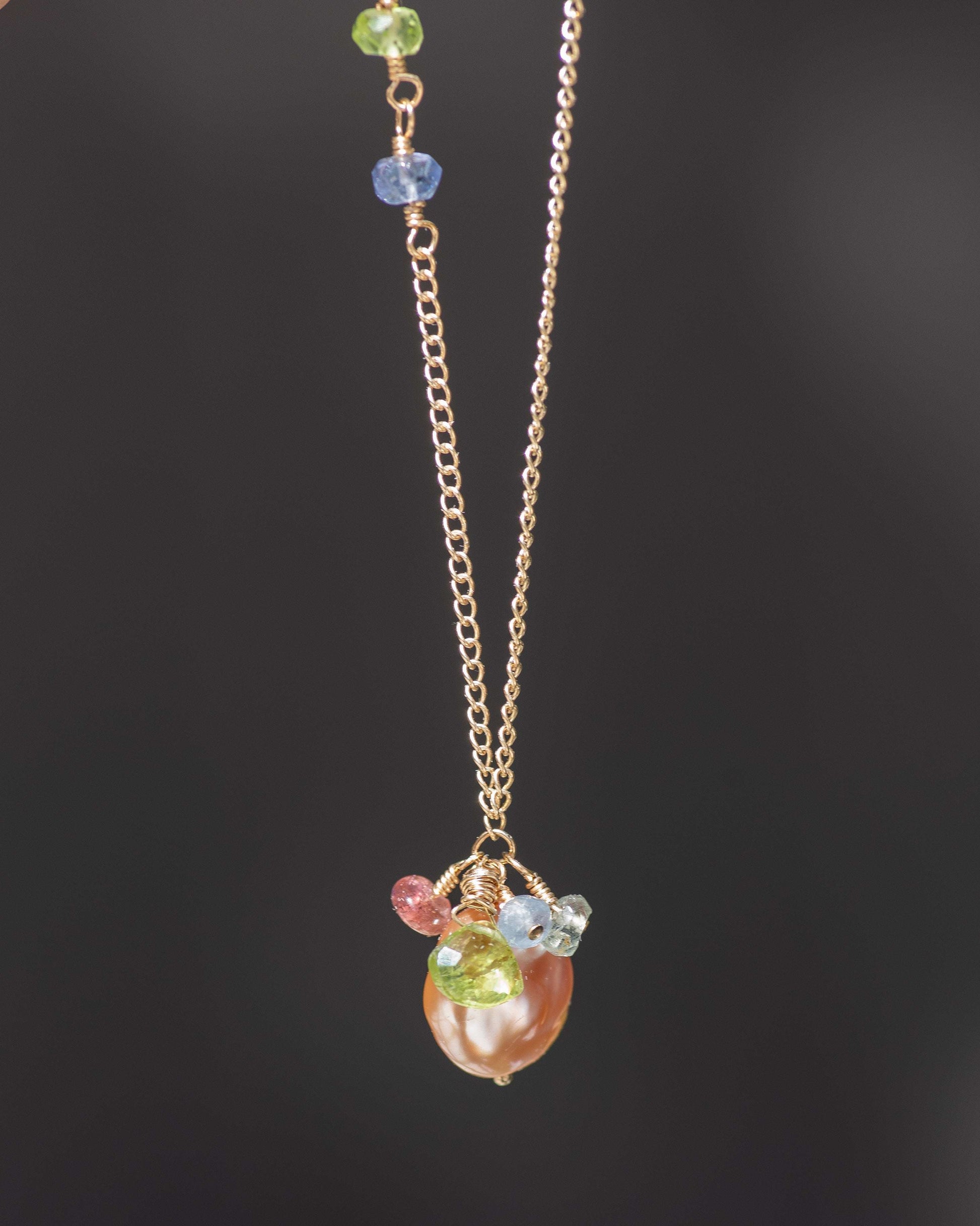 Peach Coin Pearl Gemstone Cluster Necklace Vida Jewelry Designs