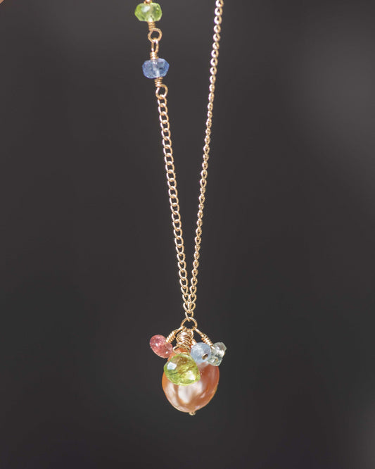 Peach Coin Pearl Gemstone Cluster Necklace Vida Jewelry Designs