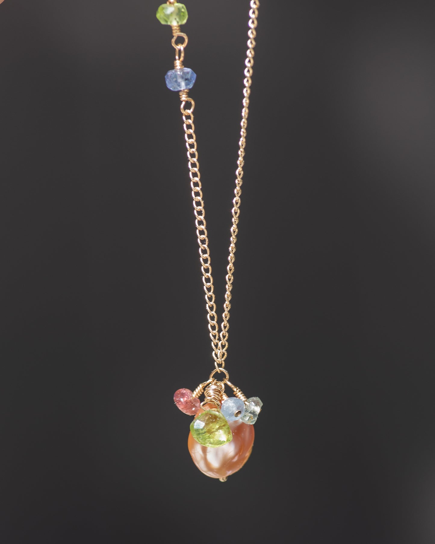 Peach Coin Pearl Gemstone Cluster Necklace Vida Jewelry Designs
