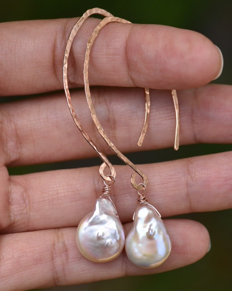 Rose Gold & Blush Pink Modern Coin Pearl Earrings