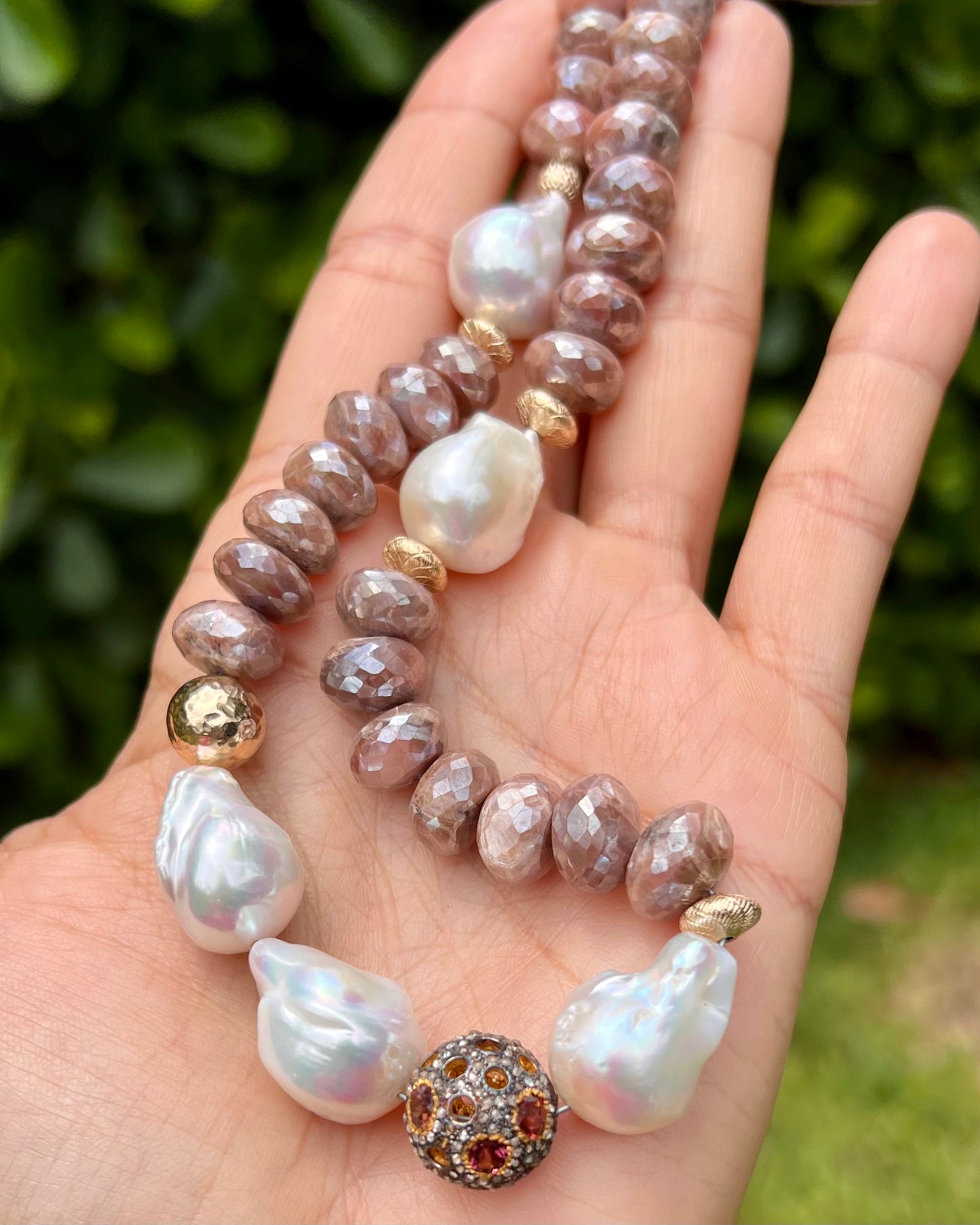Mystic Moonstone & Baroque Pearl Diamond Bead Statement Necklace