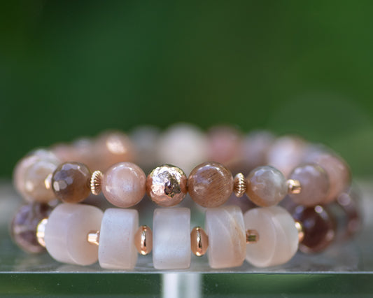 Chocolate Moonstone & Peach Moonstone Gemstone Bracelet Set