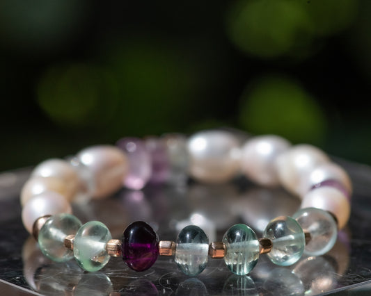 Fluorite & Pearl Gemstone Beaded Bracelet