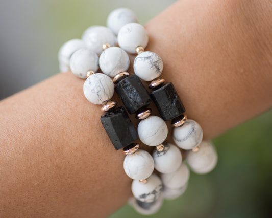 Howlite & Black Tourmaline Rose Gold Bracelet - Vida Jewelry Designs