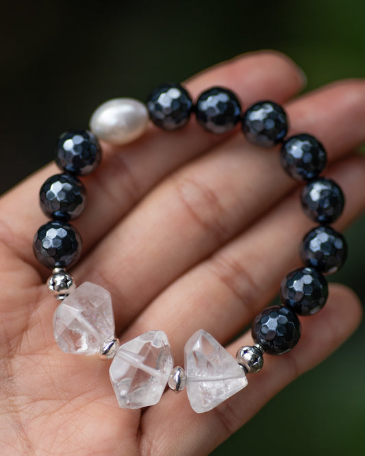 Chunky Crystal Quartz & Onyx Gemstone Bracelet Single